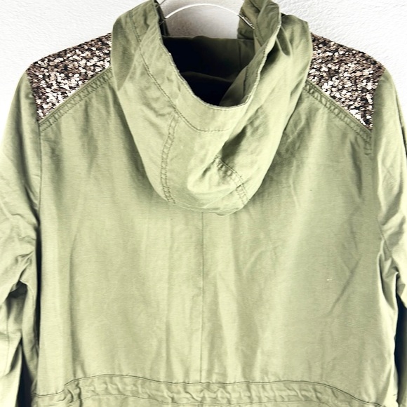 ELLOS |🪖💛Army Green Hooded Gold Sparkly Shoulders Long Trench Coat - Picture 10 of 12